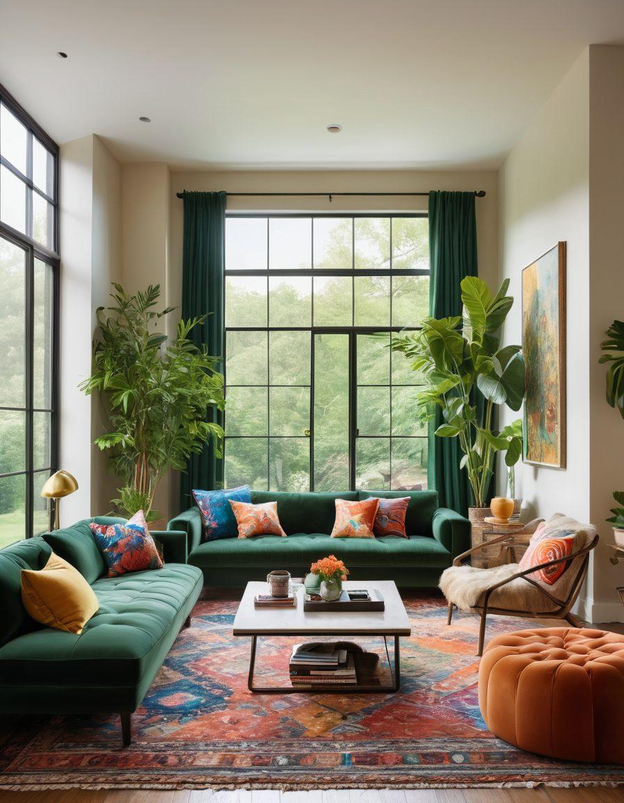 A beautifully designed living room showcasing innovative furniture pieces, including a unique sectional sofa and a sculptural coffee table. The space is adorned with vibrant decorations, such as colorful throw pillows and striking wall art. Natural light filters through large windows, while plants add a touch of nature. The overall aesthetic is stylish and inviting. super-realistic. vibrant colors. 3D.