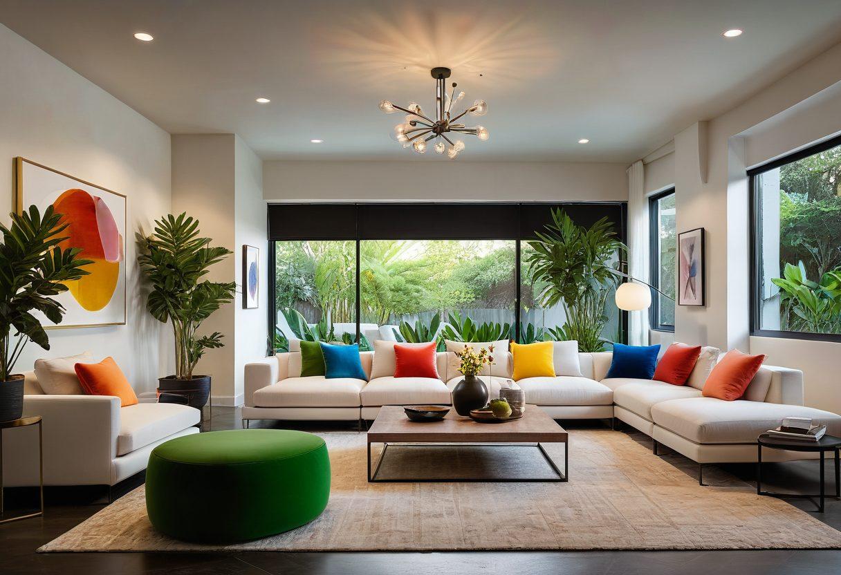 A stylish modern living room showcasing the latest decor trends, featuring innovative furniture designs such as a sleek sectional sofa, a minimalist coffee table, and vibrant accent chairs. Incorporate lush indoor plants and unique lighting fixtures to enhance the ambiance. The color palette should include soft neutrals with pops of bold colors for a fresh feel. super-realistic. vibrant colors. 3D.