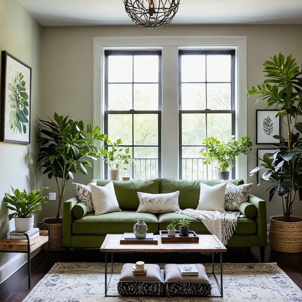A beautifully transformed living room showcasing a blend of DIY decor projects and professional design elements, highlighting stylish furniture, vibrant artwork, and plants. The space should be well-lit, with a modern aesthetic and inviting ambiance, contrasting rustic DIY touches like handmade cushions or wall art. Include a cozy nook for reading with a window view. super-realistic. vibrant colors. natural light.